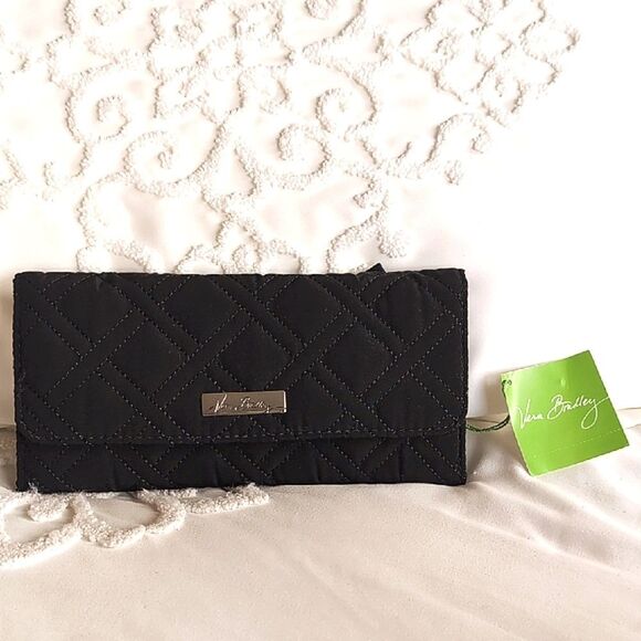 Vera Bradley Trifold Wallet Black Quilted Slim Sleek Clutch Microfiber NWT - Picture 3 of 17